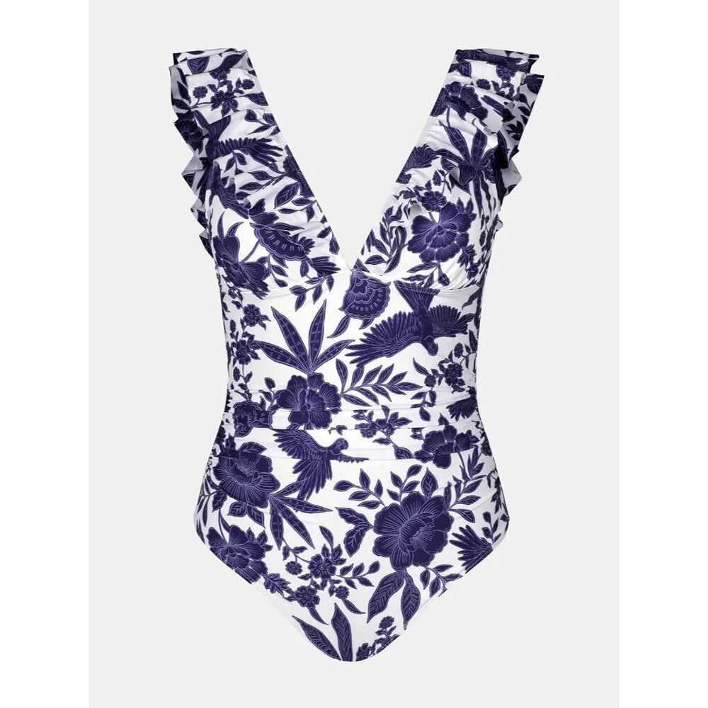 Women's White Ruffled One Piece Swimsuit V Neck Lace Up - Picture 7 of 8